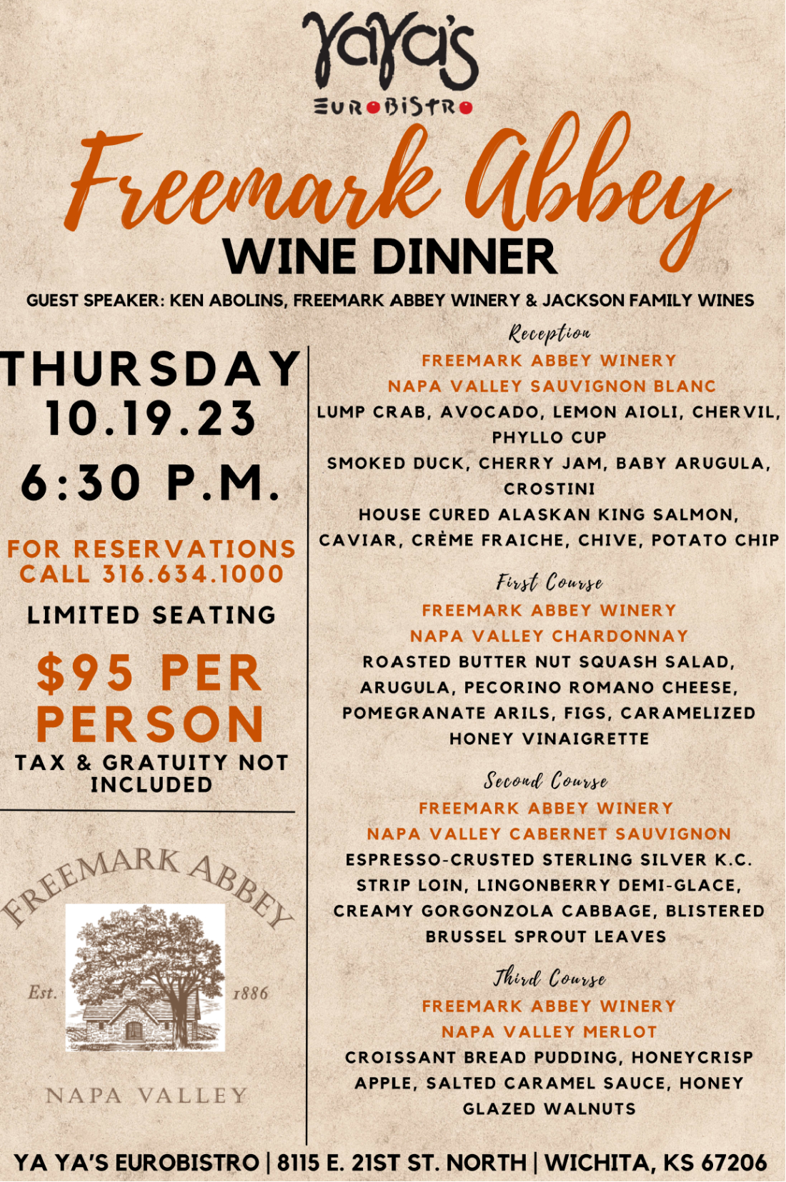 Freemark Abbey Wine Dinner- October 19, 2023