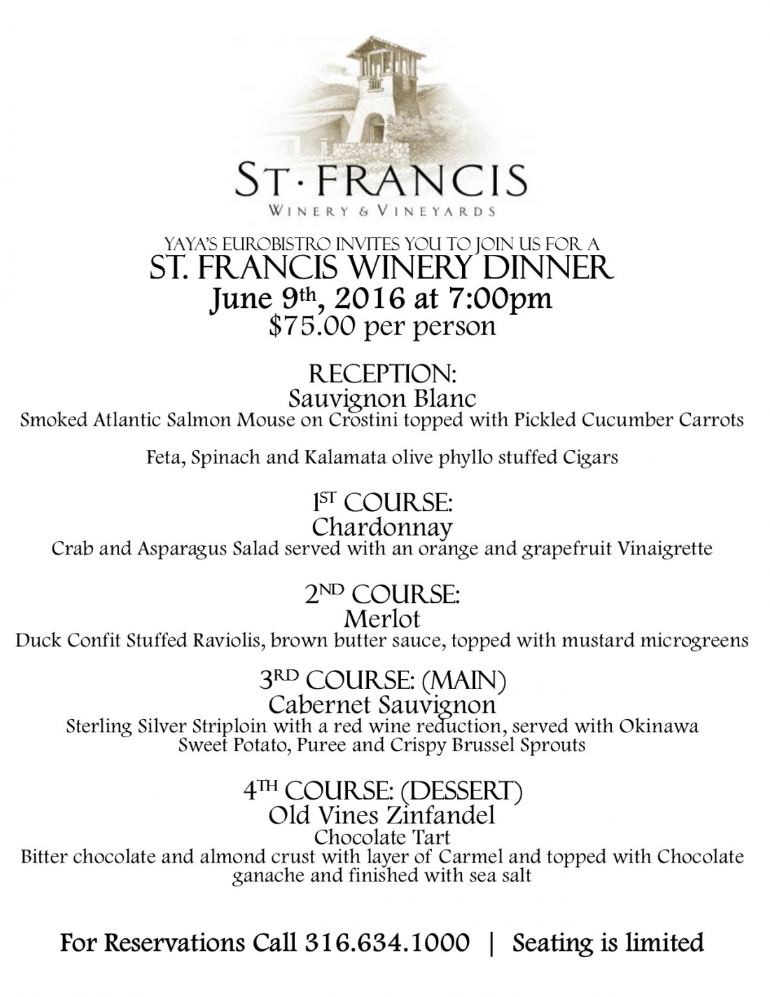 St. Francis Winery Dinner is June 9th!